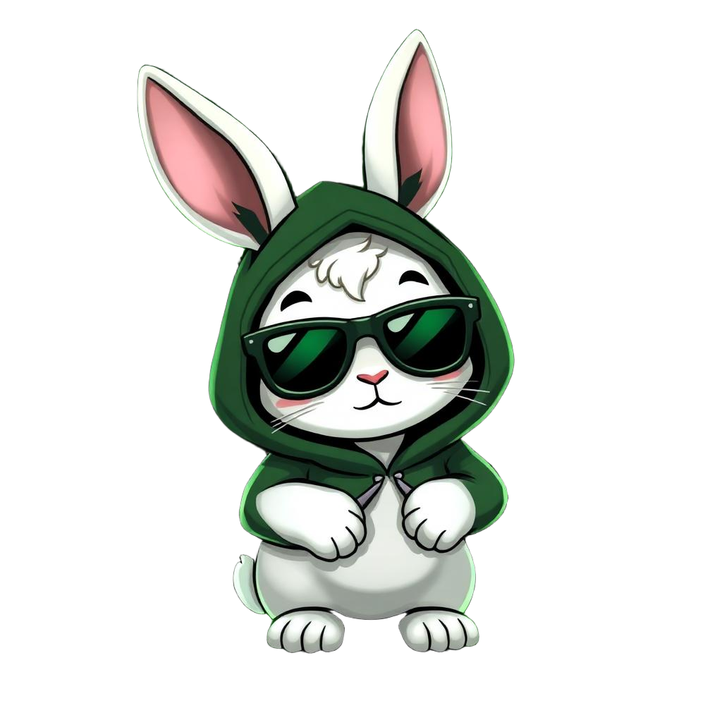 RabinVine mascot rabbit wearing green hoodie and sunglasses
